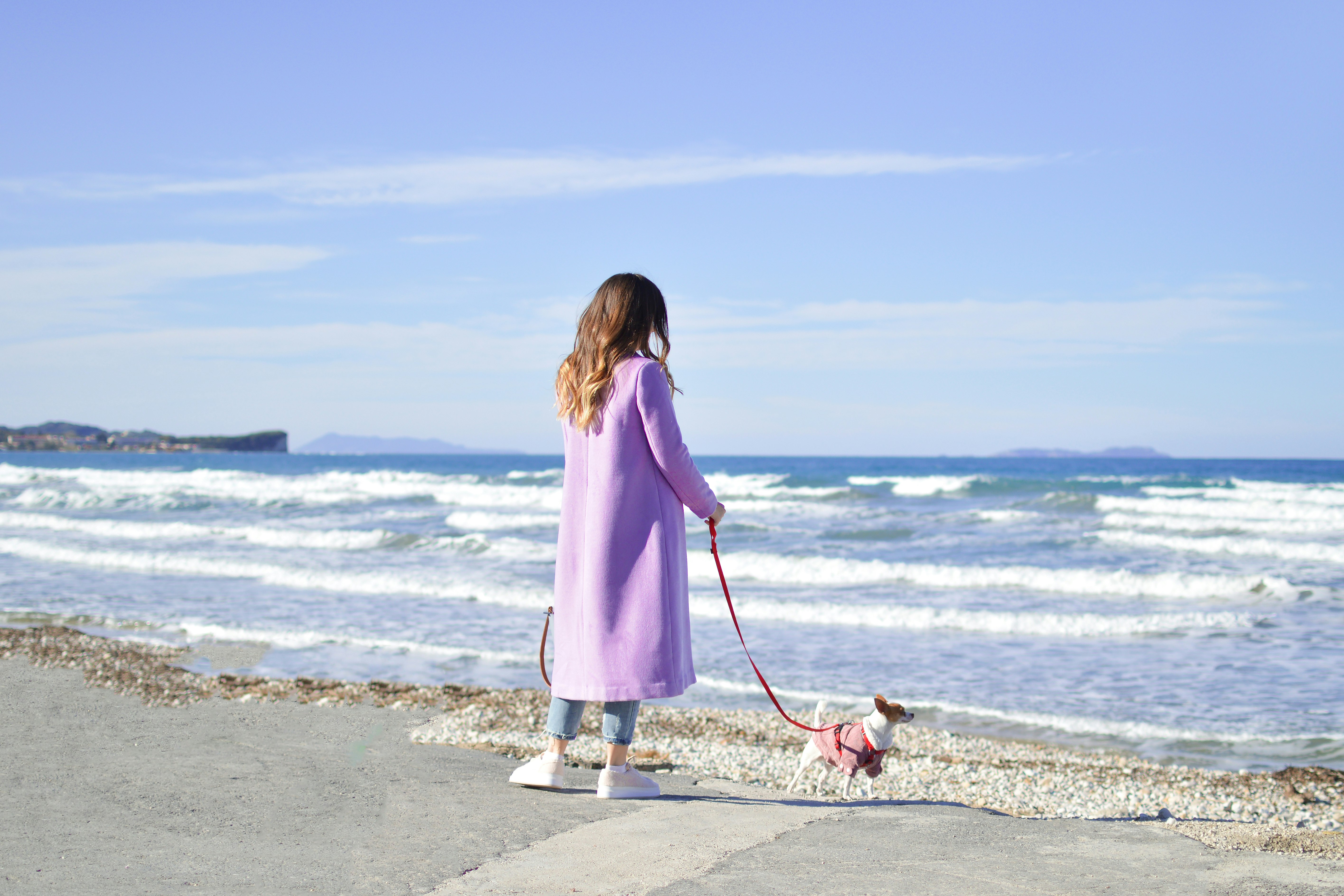 person in purple trench coat near body of water